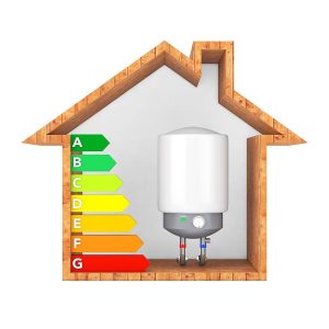 Modern Automatic Water Heater with Energy Efficiency Rating Chart in Abstract Wooden Ecological House. 3d Rendering Modern Automatic Water Heater with Energy Efficiency Rating Chart in Abstract Wooden Ecological House on a white background. 3d Rendering